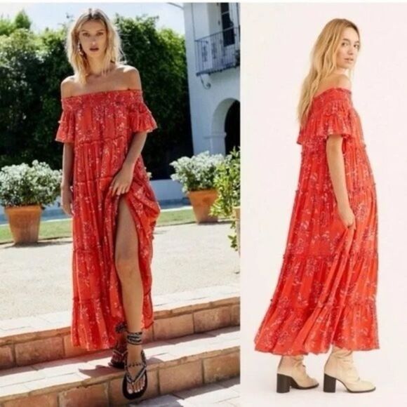 Free People Barclay Off the Shoulder Tiered Floral Print Ruffle Maxi Dress Sz M - Picture 1 of 14